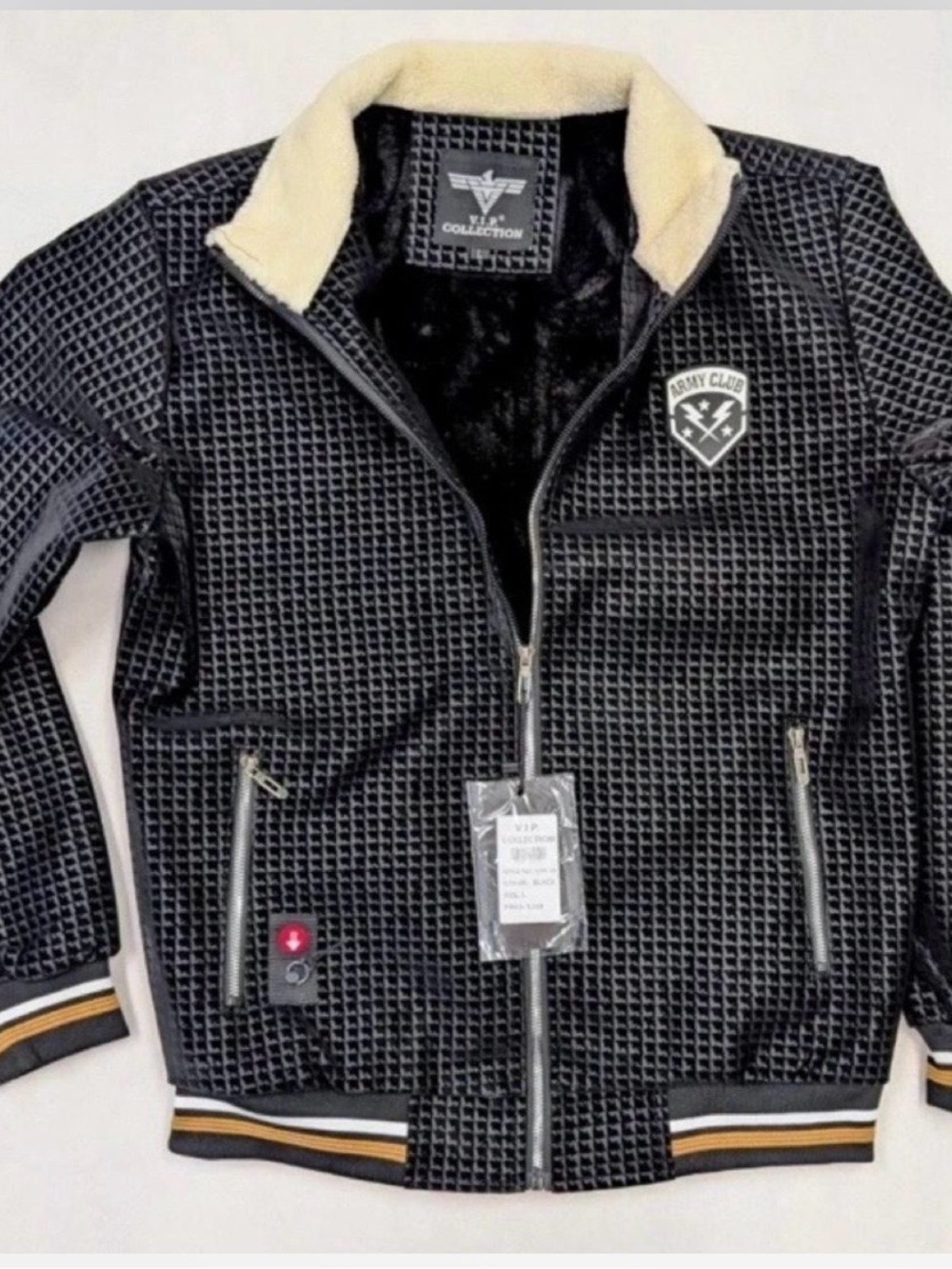 Men's Black Bomber Jacket with Cream Sherpa Collar